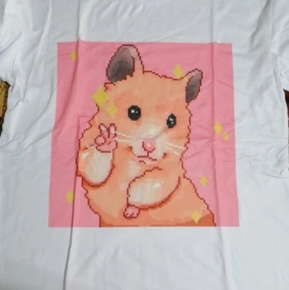 Cute Pastel Pink Happy Hamster Posing Star Print Oversized Short Sleeve Shirt Aesthetic Casual E-Girl Kawaii Korean Japanese Harajuku