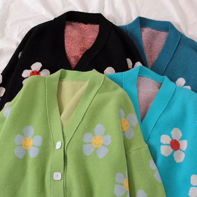 Cute Vintage Flower V Neck Long Sleeve Knit Cardigan Sweater Sweatshirt Pullover Jumper E-Girl Kawaii Korean Japanese Harajuku Streetwear