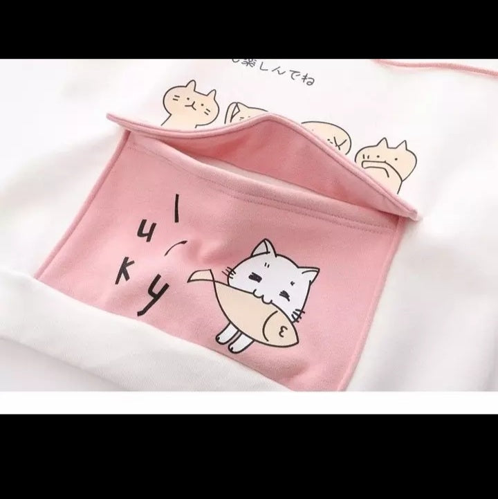 Cute Sweet Pastel Pink Cat Fish Print Soft Long Sleeve Hoodie Sweatshirt Pullover Aesthetic Casual E-Girl Kawaii Korean Japanese Harajuku