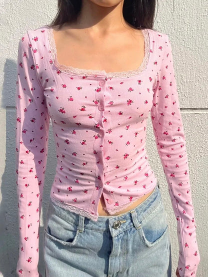 Pink Flower Lace Long Sleeve Shirt