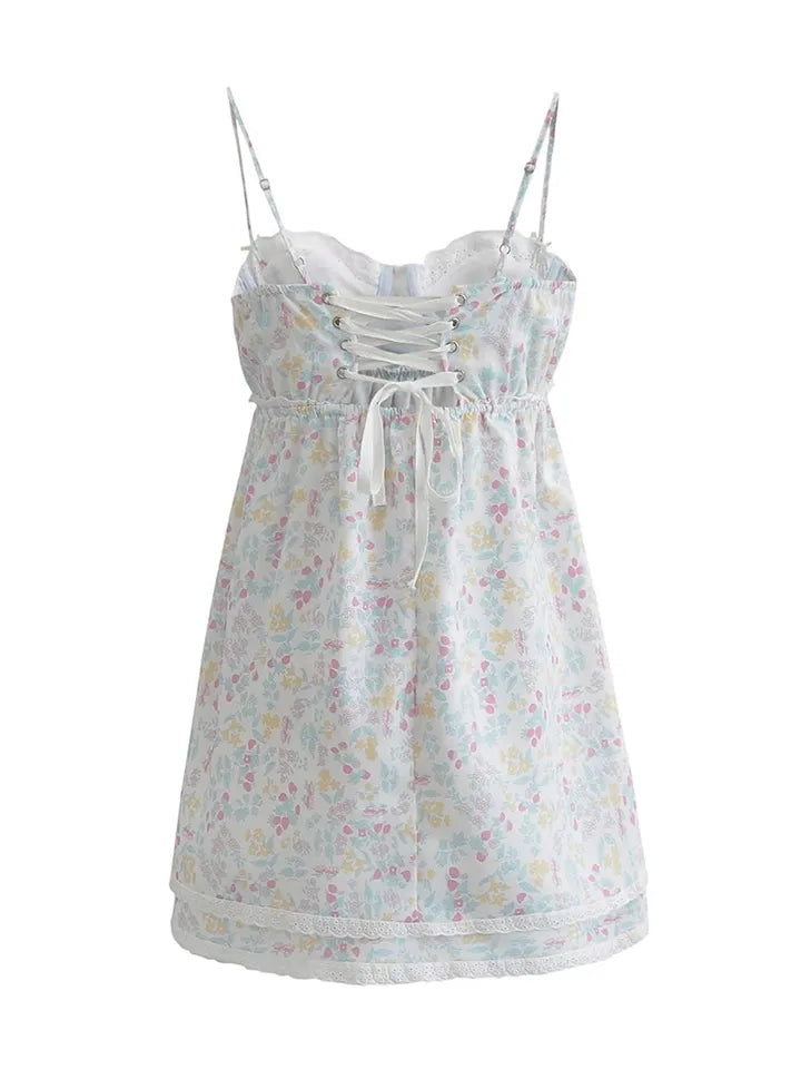 Floral Print Lace Trim Sling Dress
