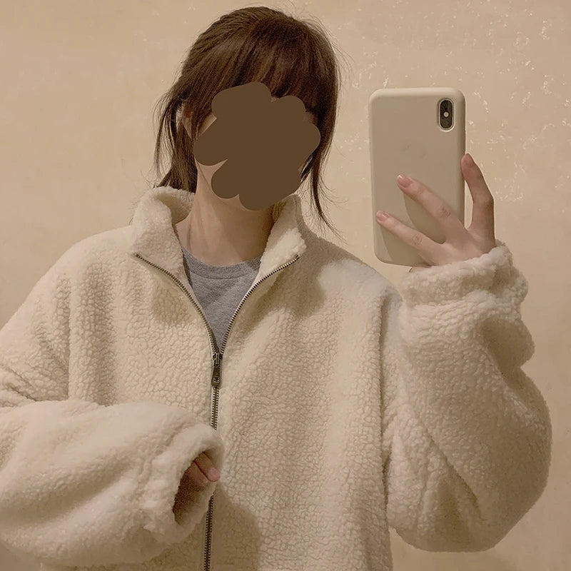 Fluffy Fleece Bear Embroidery Loose Zipper Jacket