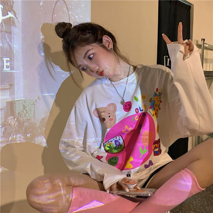 White Retro Cartoon Print Sweater