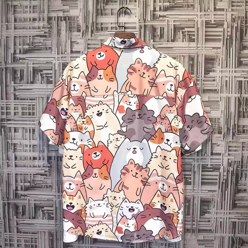 Cute Unisex Cat Cartoon Anime Print Loose Short Sleeve Shirt Button Up Aesthetic Casual Summer E-Girl Kawaii Korean Japanese Harajuku