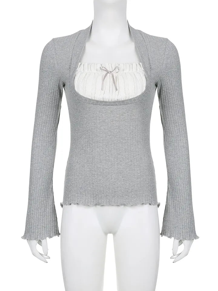 2PCS Milkmaid Patchwork Long Sleeve T-shirt