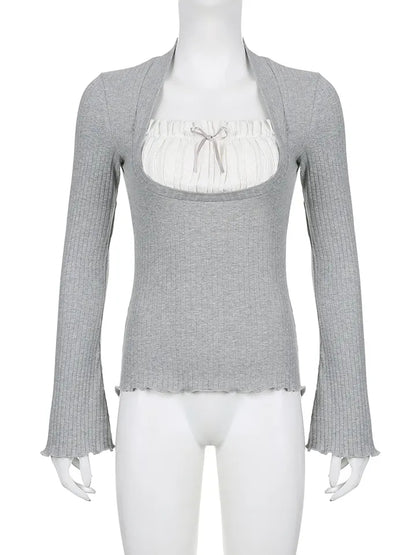 2PCS Milkmaid Patchwork Long Sleeve T-shirt