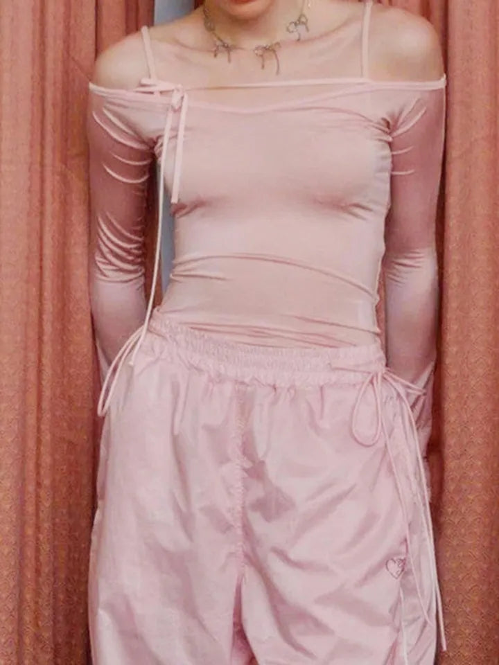 Pink Bow Off Shoulder Long Sleeve Top