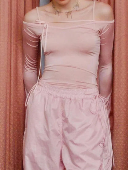 Pink Bow Off Shoulder Long Sleeve Top