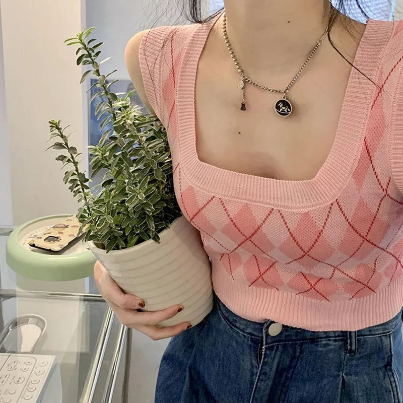 Pink Argyle Knit Tank Top