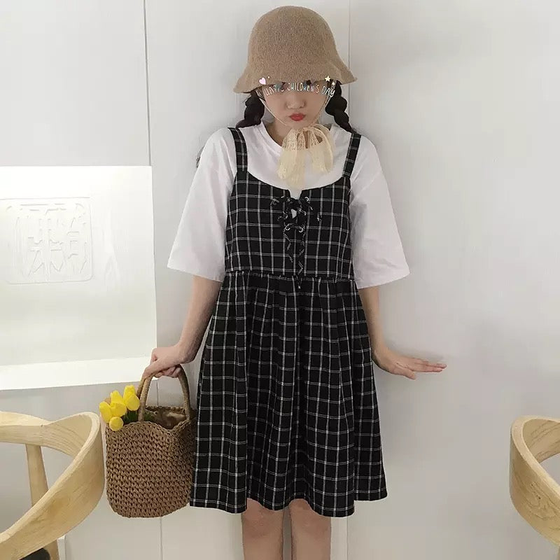 Cute Summer Preppy Loose Casual Plaid Checkered Tank Dress E-Girl Kawaii Korean Japanese Harajuku Retro Streetwear