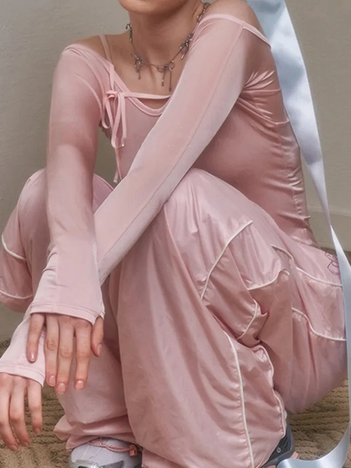Pink Bow Off Shoulder Long Sleeve Top