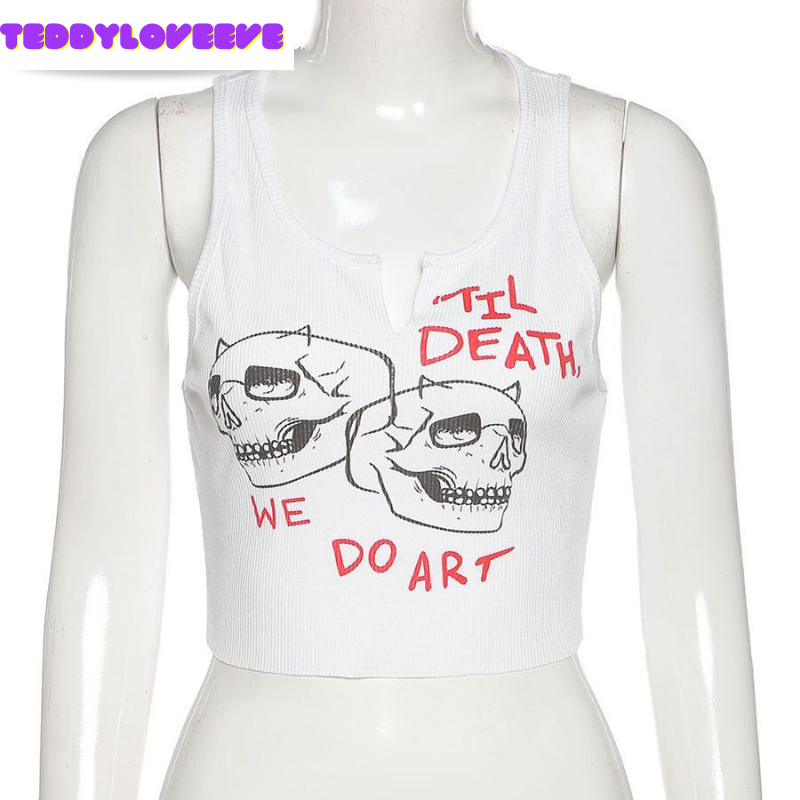 Cute Sexy White Skull Ribbed Sleeveless Tank Crop Top T-shirt Punk Goth Aesthetic Summer Party E-Girl Kawaii Korean Japanese Harajuku Streetwear