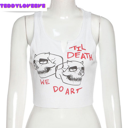 Cute Sexy White Skull Ribbed Sleeveless Tank Crop Top T-shirt Punk Goth Aesthetic Summer Party E-Girl Kawaii Korean Japanese Harajuku Streetwear