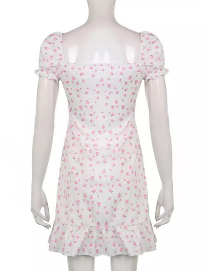 White Floral Puff Short Sleeve Lace Patchwork Mini Dress Summer Aesthetic Casual E-Girl Kawaii Korean Japanese Harajuku