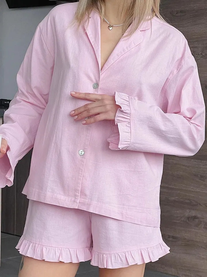 2PCS Pink Ruffle Long Sleeve Shirt + Shorts Pajama Set