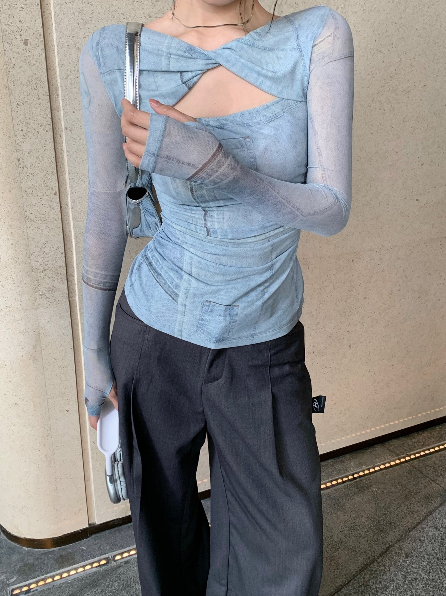 Blue Dye Mesh Long Sleeve Shirt