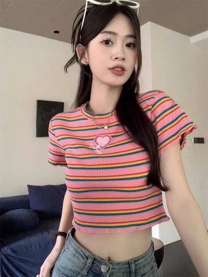 Pink Rainbow Stripe Crop Top