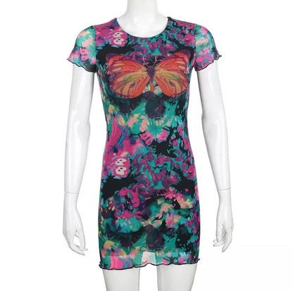 Cute Sexy Tie Dye Butterfly Print Mesh Transparent Short Sleeve Mini Dress Summer Aesthetic Casual E-Girl Kawaii Korean Japanese Harajuku