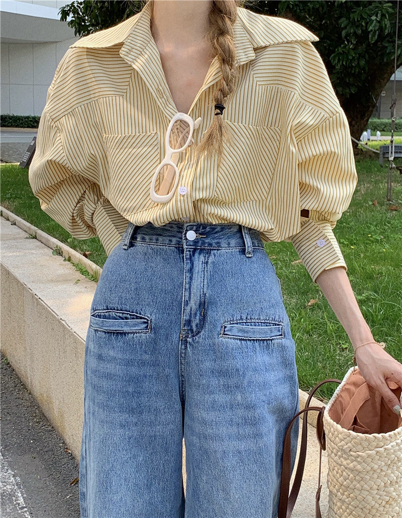 Yellow Stripe Loose Long Sleeve Shirt