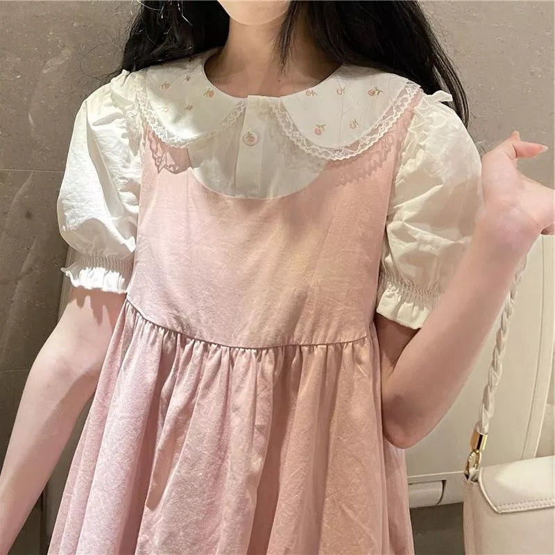 White Preppy Flower Embroidery Short Sleeve Blouse