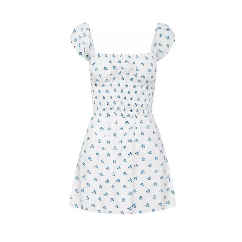 Blue Floral Puff Sleeve Mini Dress