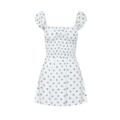 Blue Floral Puff Sleeve Mini Dress