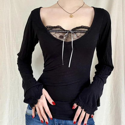 Black Lace Patchwork Long Sleeve Shirt