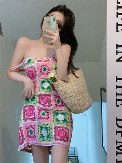 Pink Crochet Square Mini Dress