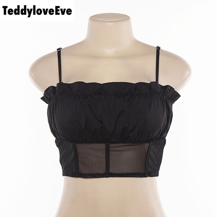Cute Sexy See Through Mesh Crop Top Camisole Tank Shirt Tee T-shirt E-Girl Kawaii Korean Japanese Harajuku Chinese Retro Streetwear Aesthetic