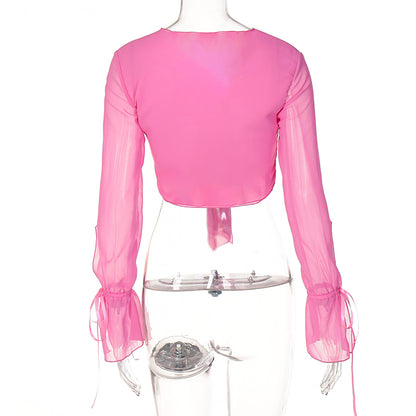 Pink Chiffon Bow Tie Flare Long Sleeve Blouse