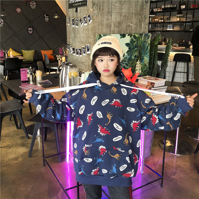 Funny Dinosaur Cartoon Print Vintage Baggy Oversized Loose Hoodie Pullover Sweater Sweatshirt Jumper E-Girl Kawaii Korean Japanese Harajuku Streetwear