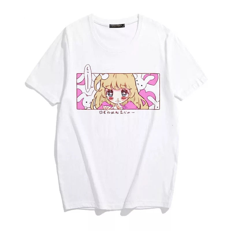 Cute Pink Anime Girl Cartoon Graphic Casual Short Sleeve Shirt Tee T-shirt E-Girl Kawaii Korean Japanese Harajuku Chinese Retro Streetwear Aesthetic