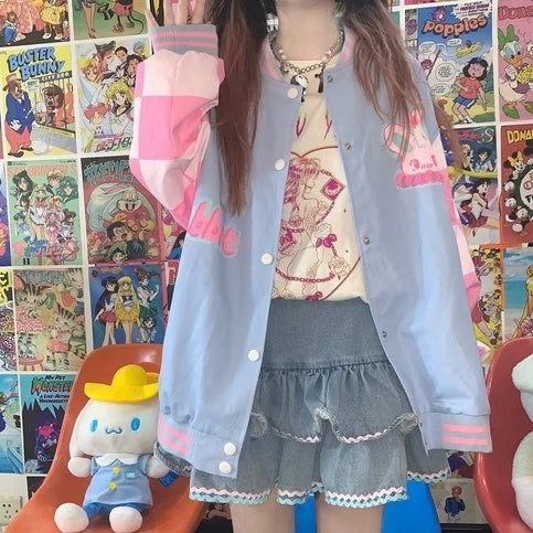 Blue & Pink Rabbit Patchwork Varsity Jacket