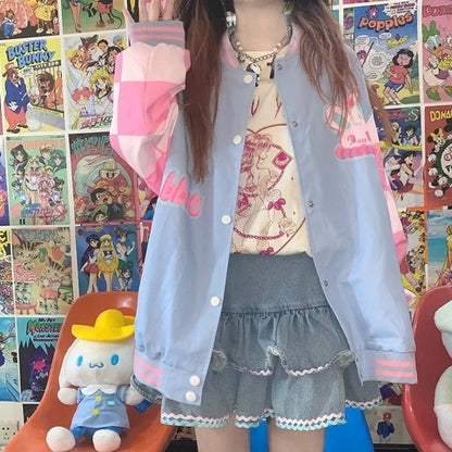 Blue & Pink Rabbit Patchwork Varsity Jacket