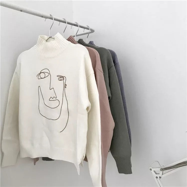 Cute Geometric Face Knit Turtleneck Oversized Sweater Long Sleeve Shirt Pullover Sweatshirt E-Girl Kawaii Korean Japanese Harajuku Retro Streetwear