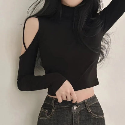 Turtleneck Hollow Out Long Sleeve Crop Top