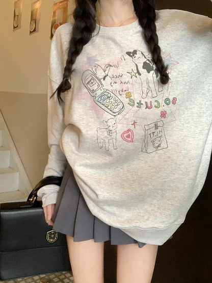 Grey Animal Fleece Crew Neck Sweater