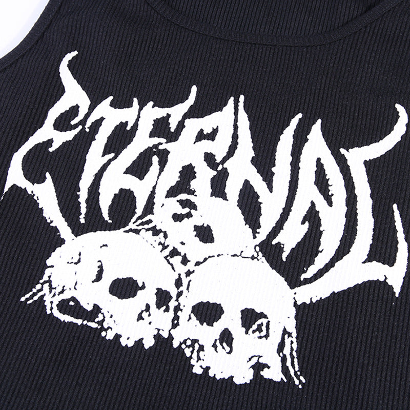 Black Skull Print Knit Ruffle Tank Top Cropped Sleeveless Shirt Causal Goth Punk Causal Summer E-Girl Kawaii Korean Japanese Harajuku Streetwear