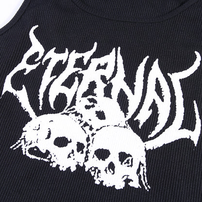 Black Skull Print Knit Ruffle Tank Top Cropped Sleeveless Shirt Causal Goth Punk Causal Summer E-Girl Kawaii Korean Japanese Harajuku Streetwear