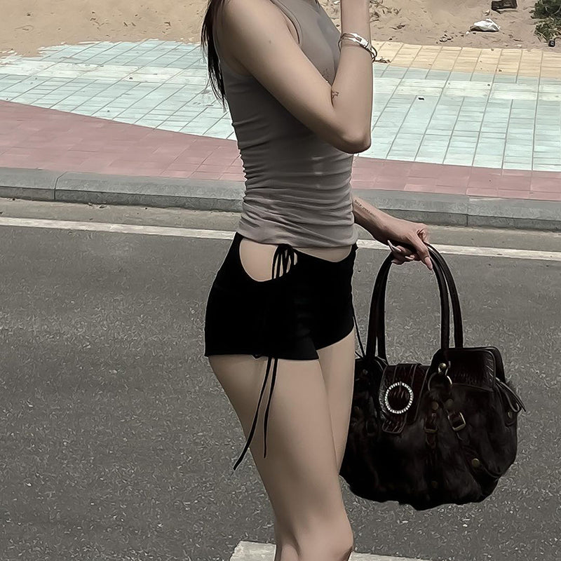 Black Low Rise Lace Up Shorts