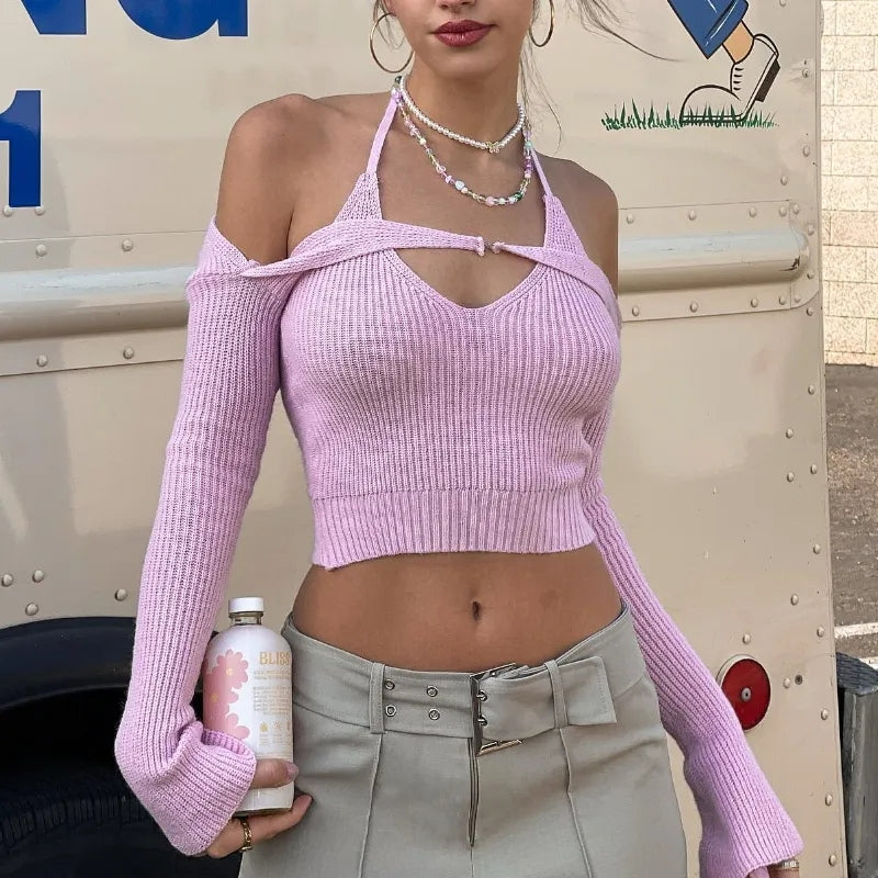 Pink Halter Backless Crochet Crop Top + Long Sleeve Shrug