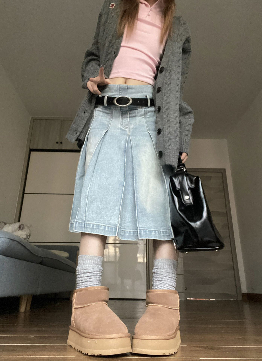 Denim Pleated High Waist Midi Skirt