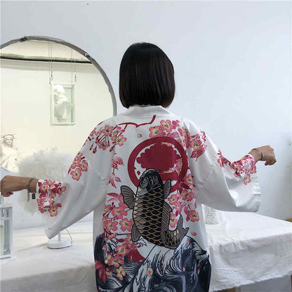 Cute Koi Goldfish Sakura Cherry Blossom Kimono Print Loose Cardigan Blouse Long Sleeve Shirt Top E-Girl Kawaii Korean Japanese Harajuku Streetwear