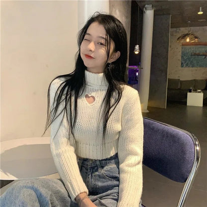 Heart Hollow Out Cropped Turtleneck Sweater