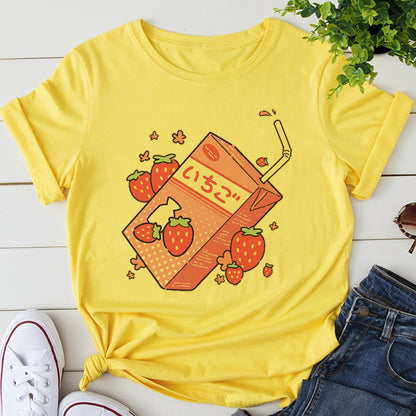 Cute Pink Strawberry Juice Box Graphic Cartoon Print Loose Short Sleeve Short T-shirt Top Casual E-Girl Kawaii Korean Japanese Harajuku Streetwear