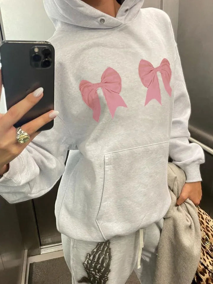 Bow Print Loose Hoodie