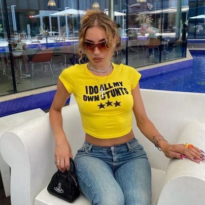 Yellow Funny Own Stunts Graphic Print Short Sleeve Shirt Crop Top Summer Aesthetic Casual E-Girl Kawaii Korean Japanese Harajuku
