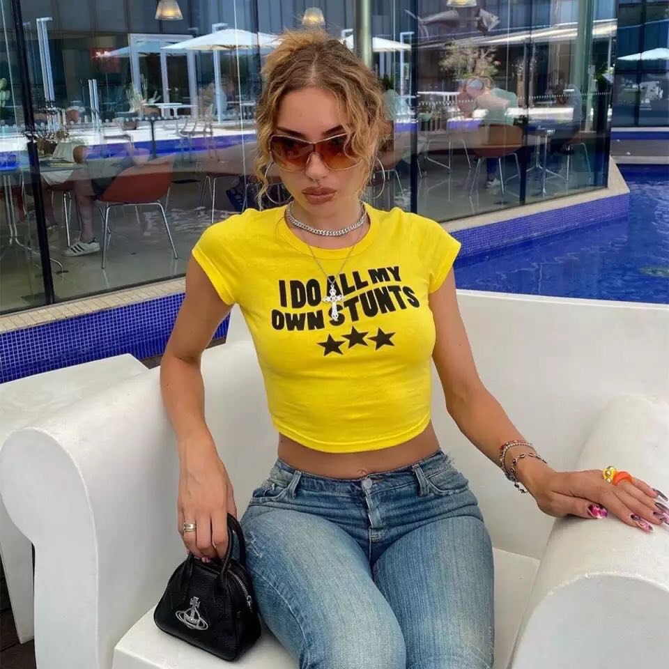 Yellow Funny Own Stunts Graphic Print Short Sleeve Shirt Crop Top Summer Aesthetic Casual E-Girl Kawaii Korean Japanese Harajuku