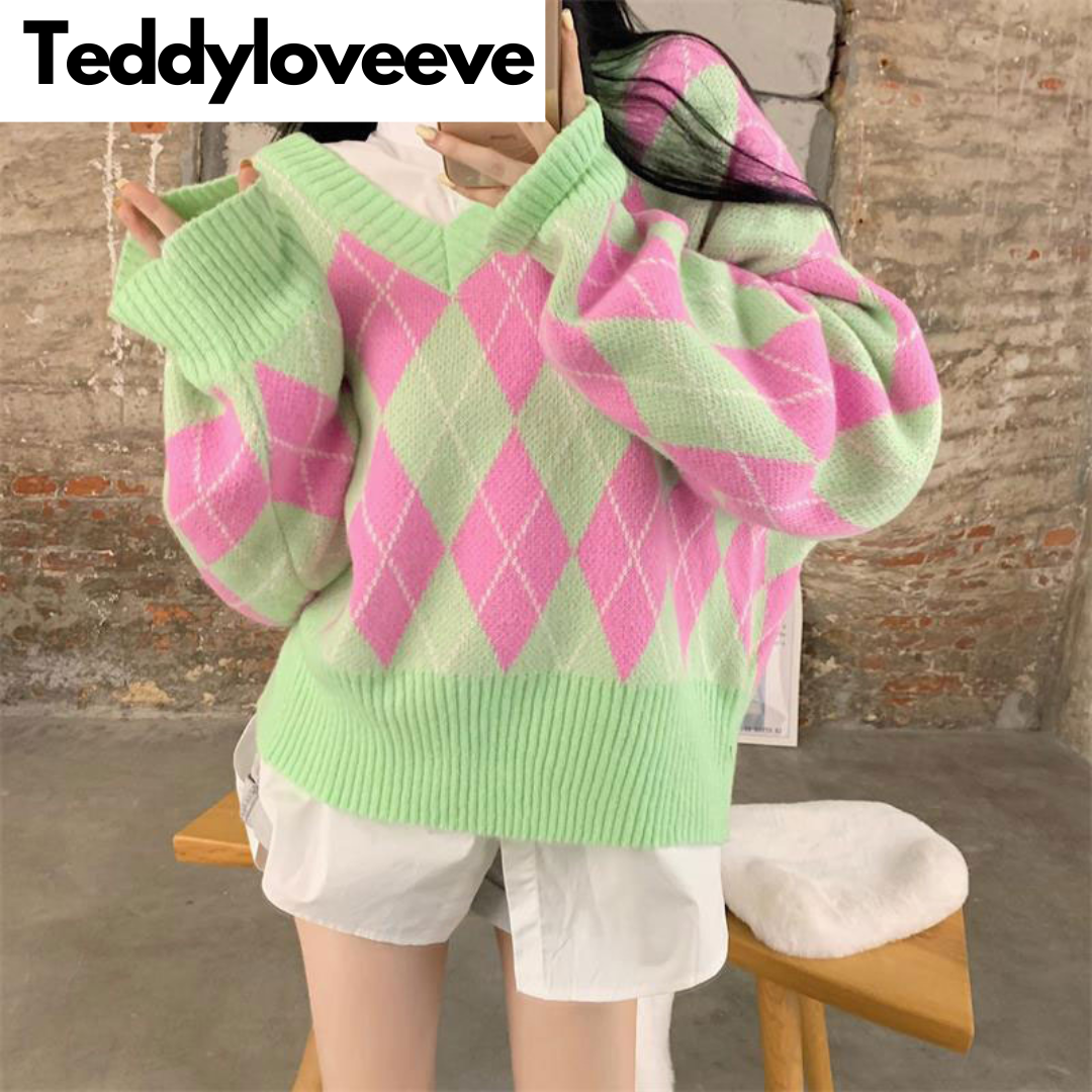 Green & Pink Lattice V Neck Sweater