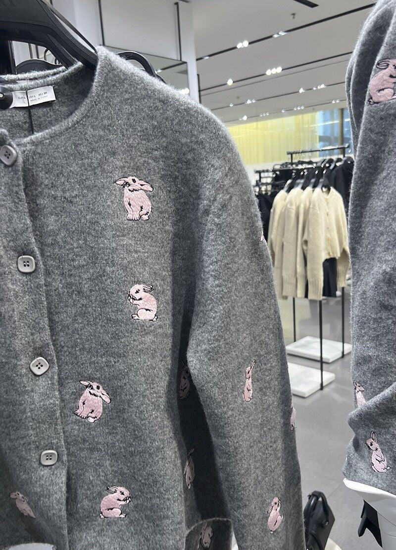 Grey Rabbit Embroidery Knit Cardigan